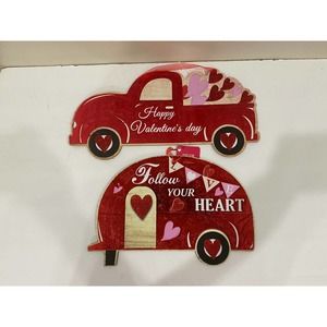 Set of 2 Happy Valentine’s Day Red Truck & Camper Wood Hanging Wall Sign Decor